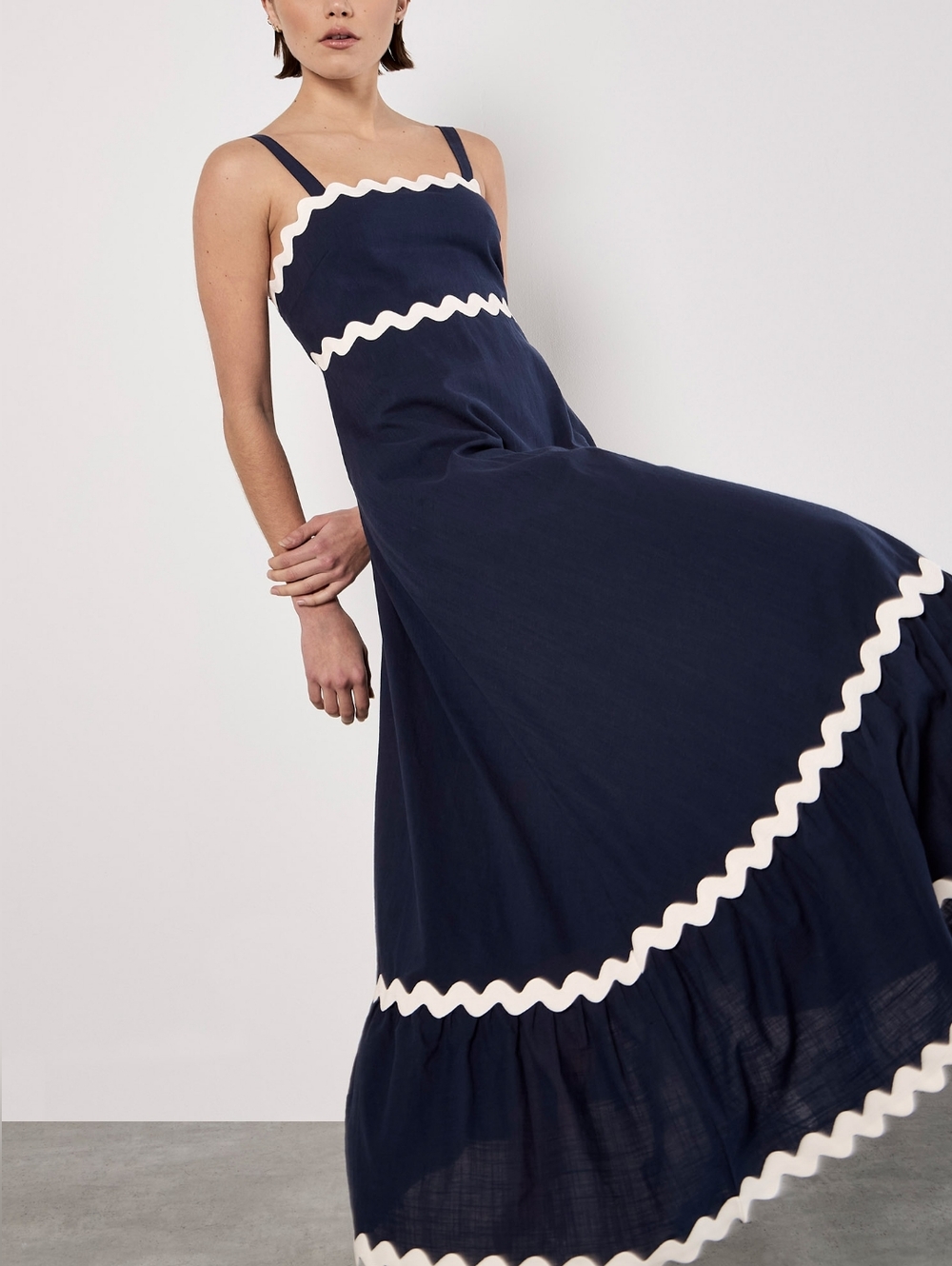 NavyRick Rack Trim Trapeze Midaxi Dress
